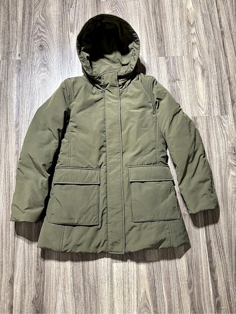 Uniqlo Seamless Down Parka Olive Hooded Puffer Size Small